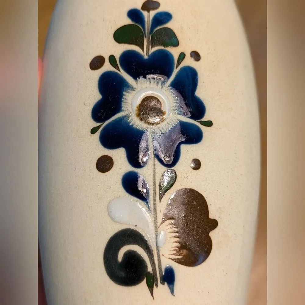 Vintage Tonala Sandstone Mexican Pottery Vase Flowers Floral Blue Brown Signed